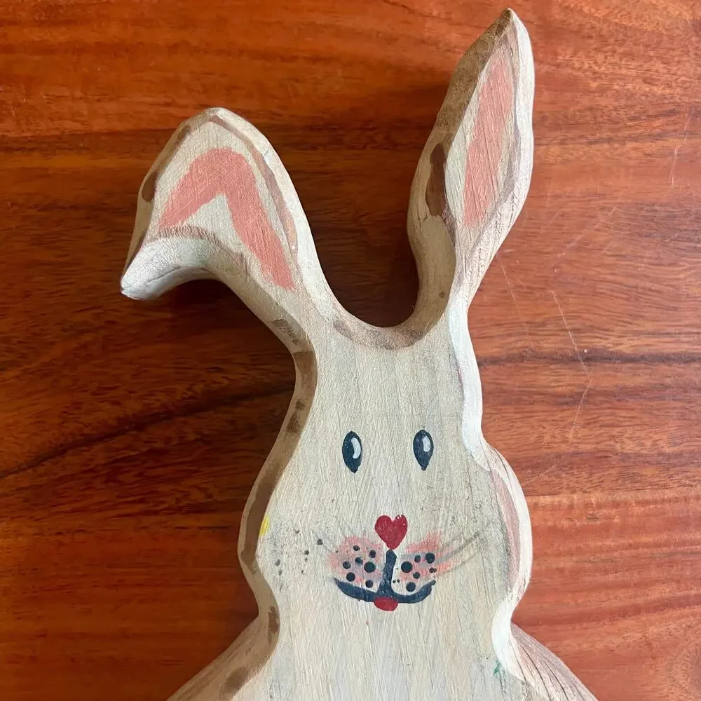 Vintage Hand Carved Wood Bunny Folk Art Rabbit Primitive Cottage Nursery Decor
